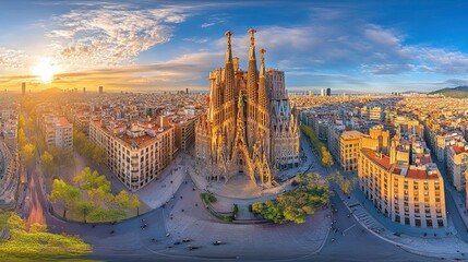 Sagrada Familia, Barcelona sunrise, cityscape panorama.