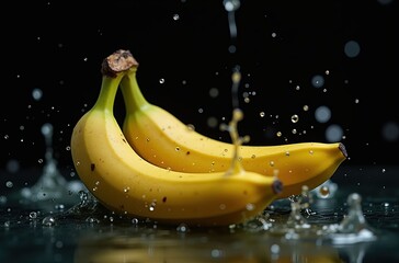 A ripe banana splashing into water, creating a beautiful spray of droplets against a dark background.