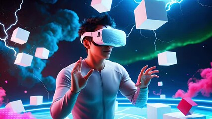 A person wearing a VR headset interacts with floating cubes in a futuristic digital environment. - Powered by Adobe