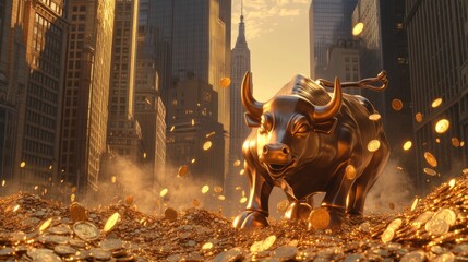 Ultra detailed, photorealistic image of gold coins forming a wave crashing over Wall Street