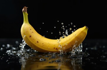 A ripe banana splashing into water, creating a beautiful spray of droplets against a dark...