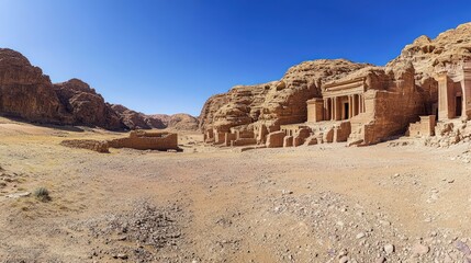 Ancient desert ruins, sandstone tombs, clear sky.