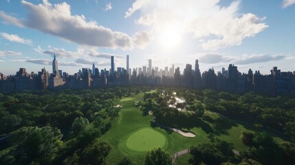 Fototapeta premium 9.Central Park from above with clear views of golf fields, vibrant green lawns, and tree-lined paths, surrounded by the dramatic skyline of Manhattan's high-rise buildings under a bright, blue sky.