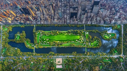 Fototapeta premium 10.A sweeping aerial view of Central Park with well-manicured golf greens, lakes, and lush landscapes, framed by tall skyscrapers that create a striking urban oasis in the heart of New York City.