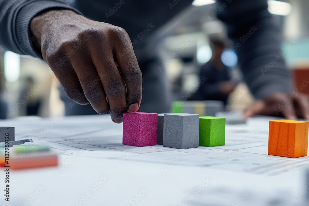 Poster person placing colorful block on architectural plan.