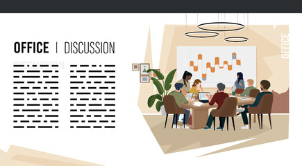 The image depicts a discussion in an office. People are seated around a table with laptops, analyzing data displayed as a graph on a screen. The interior features modern decor, including potted plants