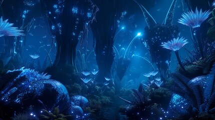 A wide view of dark blue alien flora with strange, luminescent plants and towering structures,...