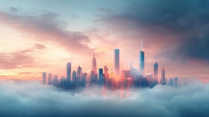 Fototapeta premium Futuristic urban landscape above fluffy pink clouds aerial cityscape digital art dreamlike environment serene viewpoint surreal concept for modern imagination