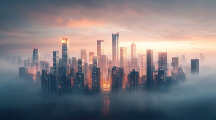 Fototapeta premium Futuristic urban landscape hovering above fluffy pink clouds high-tech cityscape digital artwork serene environment aerial view dreamlike vision for modern living