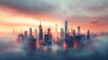 Futuristic urban landscape overlooking fluffy pink gigapixel clouds modern city skyline digital art high-resolution imagery aerial perspective imaginative vision for urban development