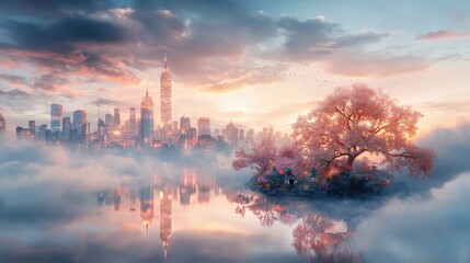 Naklejka premium Futuristic neon city glowing on floating cloud platform urban landscape digital art ethereal environment high-resolution viewpoint of serenity and innovation