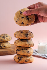 A stack of chocolate soft cookies. Perfect for catalogue, photo illustration, article, recipe or any commercial purposes.