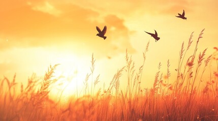 21.Birds in silhouette flying through an open meadow under the warm hues of an autumn sunrise; a sense of peace and spirituality fills the scene as gentle light touches the tips of tall grass.