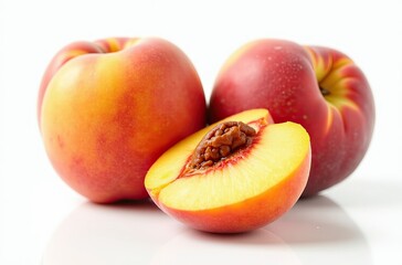 A group of ripe peaches, one cut in half to reveal its juicy flesh and seed.