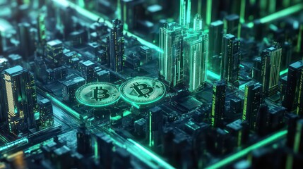 A futuristic 3D city built on blockchain technology, with crypto coins being exchanged in virtual spaces