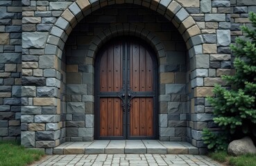 Fototapeta premium Stone archway entrance with large wooden door, metal gate. Exterior structure built of various grey, beige stones. Classic design. Outdoor, traditional entrance to house building. Architectural