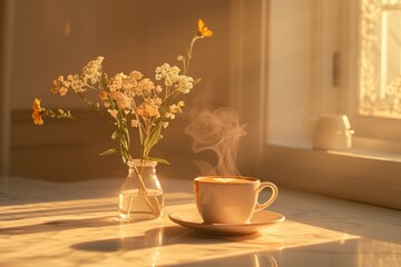 Steaming cup of coffee and a vase of wildflowers on a sunlit table.