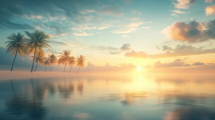 Floating tropical paradise with swaying palm trees at sunset over calm ocean waters serene beach landscape tranquil viewpoint nature's beauty unveiled