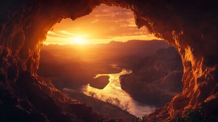 33.A natural heart-shaped cave opening looking out over a flowing river and distant mountains under a glowing sunset, with soft golden light illuminating the cave walls, symbolizing peace and beauty