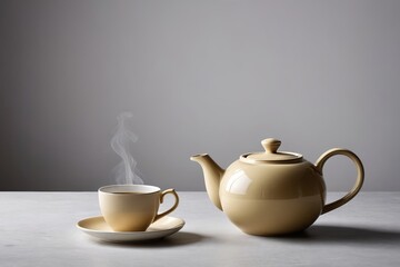 there is a tea pot and a cup on a table