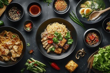 Overhead shot of various Asian dishes, noodles, sauces, and ingredients.