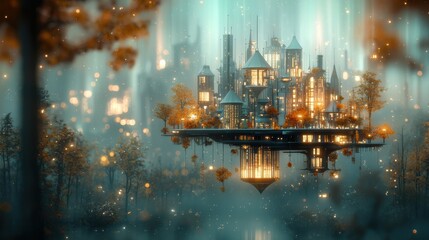 Discover a mystical floating sky city amidst enchanted forests gigapixel imagery of illuminated silver towers under vibrant auroras in an ethereal dreamlike environment