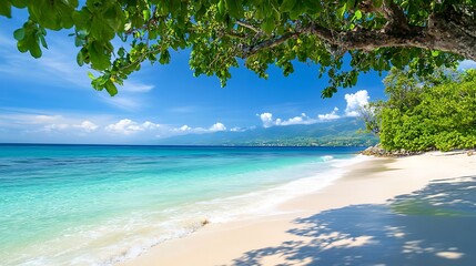 Tropical Beach Paradise. Tranquil Beach Scene with Lush Trees and Turquoise Water.