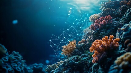 Obraz premium A captivating underwater photograph showcasing a coral reef teeming with life its diverse ecosystems visualized through a holographic network of interconnected lines