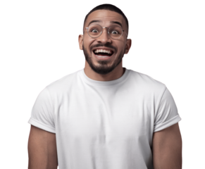 High-Quality PNG Waist up portrait of glad dark skinned handsome male model with happy expression, wears round spectacles Isolated on White Background – High Resolution