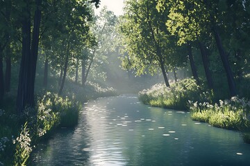 Obraz premium A serene forest scene with a tranquil river surrounded by lush greenery and sunlight.