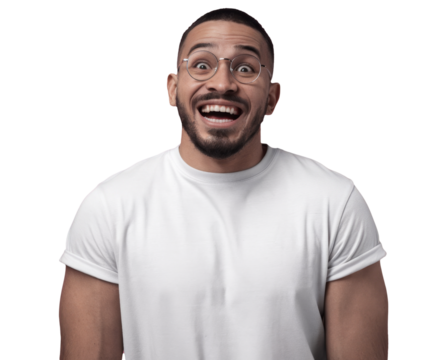 High-Quality PNG Waist up portrait of glad dark skinned handsome male model with happy expression, wears round spectacles Isolated on White Background – High Resolution