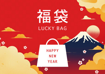 富士山の和風背景と福袋のチラシ、A4サイズ