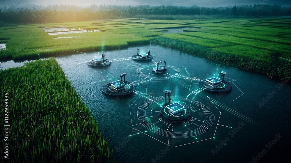 Poster wetland ecosystem with floating networked digital sensors enabling real time data sharing and insigh