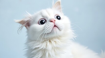 Adorable fluffy white cat with bright eyes, gazing upwards against a soft blue background