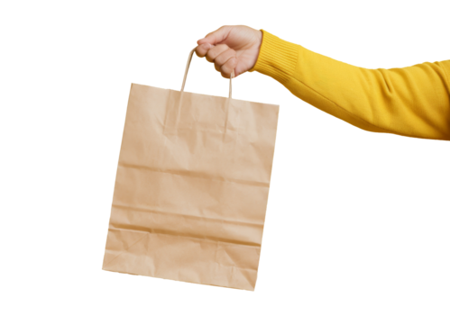 High-Quality PNG Woman hand holding paper shopping bag on yellow background. Shopping concept. Isolated on White Background – High Resolution