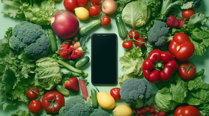 Mobile phone with vegetables and fruits on color background. World Vegan Day concept.