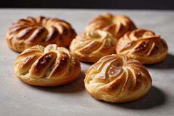 four pastries are sitting on a table with a black background