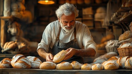 Artisan baker shaping bread in rustic kitchen decorated with golden hour light and filled with various loaves and baked goods