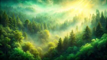 Fototapeta premium Misty Mountain Forest at Sunrise A Breathtaking View of Lush Green Trees Bathed in Golden Light