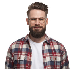 Obraz premium Glad ginger male with pleased expression, wears glasses and fashionable checkered shirt, rejoices successfully made project, poses alone against white background. People, emotions, lifestyle