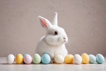 there is a white rabbit sitting among a group of colored eggs