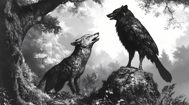 Le corbeau et le renard, fable de jean de lafontaine. Fable. Illustration