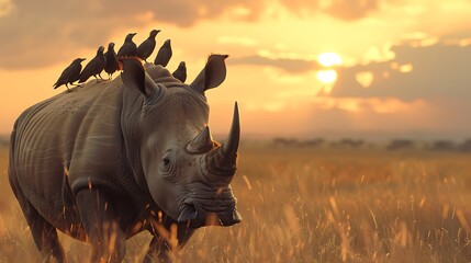 Fototapeta premium : A flock of birds hitching a ride on the back of a rhinoceros as it moves through the grasslands, forming a temporary alliance.
