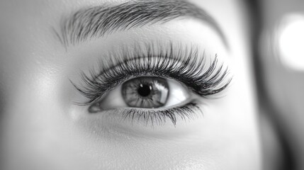 Close-up monochrome image of a woman's eye with long eyelashes.