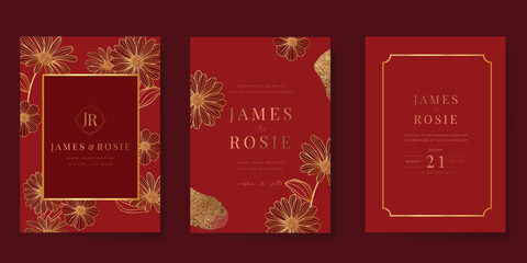 Fototapeta premium Luxury invitation card design vector set. Elegant wedding card with flower on red background. Design illustration for cover, poster, gala.