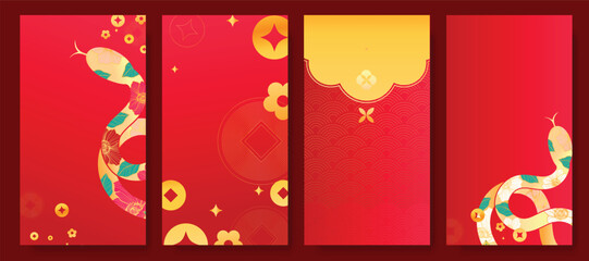 Chinese New Year 2025 hongbao red envelope design vector. Collection of Chinese festival with peony flower, dragon, lantern, pattern. Elegant oriental illustration for ang pao, cover, calendar, ads.