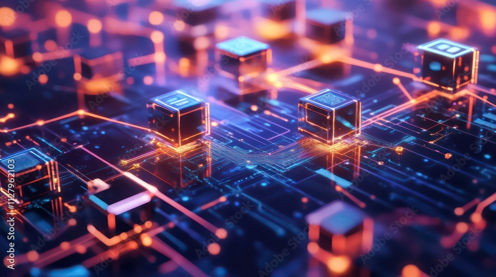 Poster abstract digital network with glowing cubes and interconnected lines.