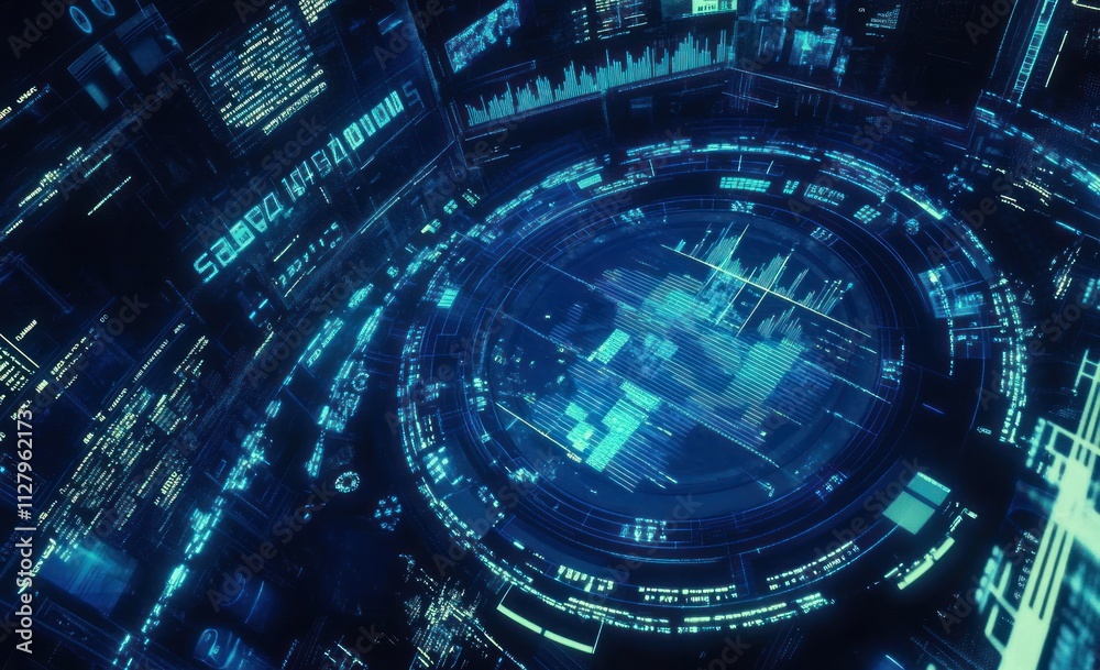 Aufkleber Futuristic digital interface with data streams and a central cryptocurrency symbol.