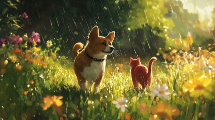 Fototapeta premium 78.Corgi and red cat strolling through a lush, sunlit meadow as warm raindrops fall gently; wildflowers and tall grass surround them, and they walk side by side, enjoying the light rain and summerâ€™s