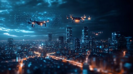 Fototapeta premium Vibrant Nighttime Futuristic City Landscape with Glowing Neon Lights Interconnected Network Bridges Between Towering Buildings and Hovering Aerial Vehicles Illuminating the Innovative